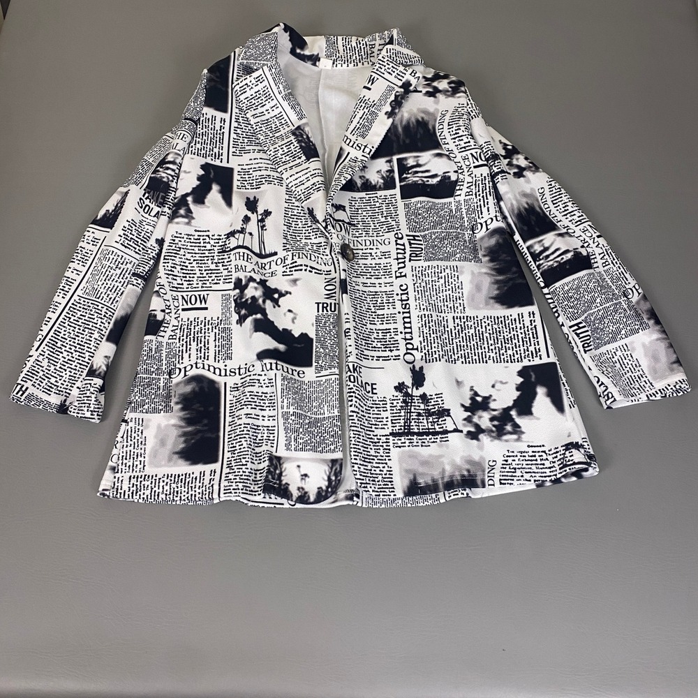 Newspaper Print Blazer Jacket Black White Women's XL Single Button Avant Garde